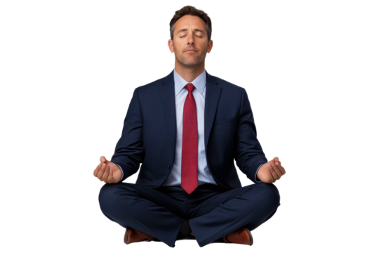 Businessman in suit meditating with closed eyes, isolated on transparent background
