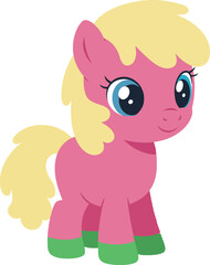 Fototapeta premium Cute pink pony with blonde mane and green hooves in a flat design style, showcasing a playful and cheerful expression, vector art