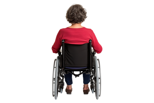 Senior woman sitting in wheelchair, isolated on transparent background