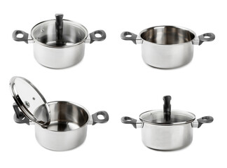 Stainless steel saucepan isolated on white background. Modern saucepan. Kitchen utensils. Cooking pan. Cooking concept. Mockup