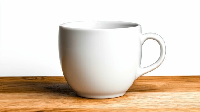 White tea cup on smooth light-toned wood table minimalist design calm environment close-up viewpoint