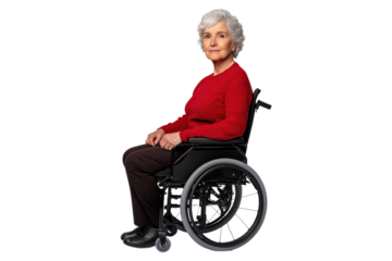 Senior woman sitting in wheelchair, isolated on transparent background