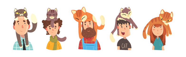 Fototapeta premium Man and Woman Pet Owner with Cat on Their Head Vector Set