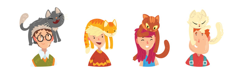 Man and Woman Pet Owner with Cat on Their Head Vector Set