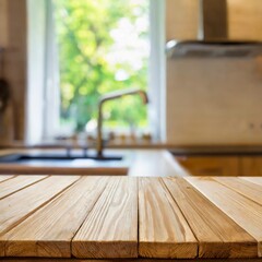 Wooden Table Top on Blurred Kitchen Background for Product Mock-Up and Design Layout