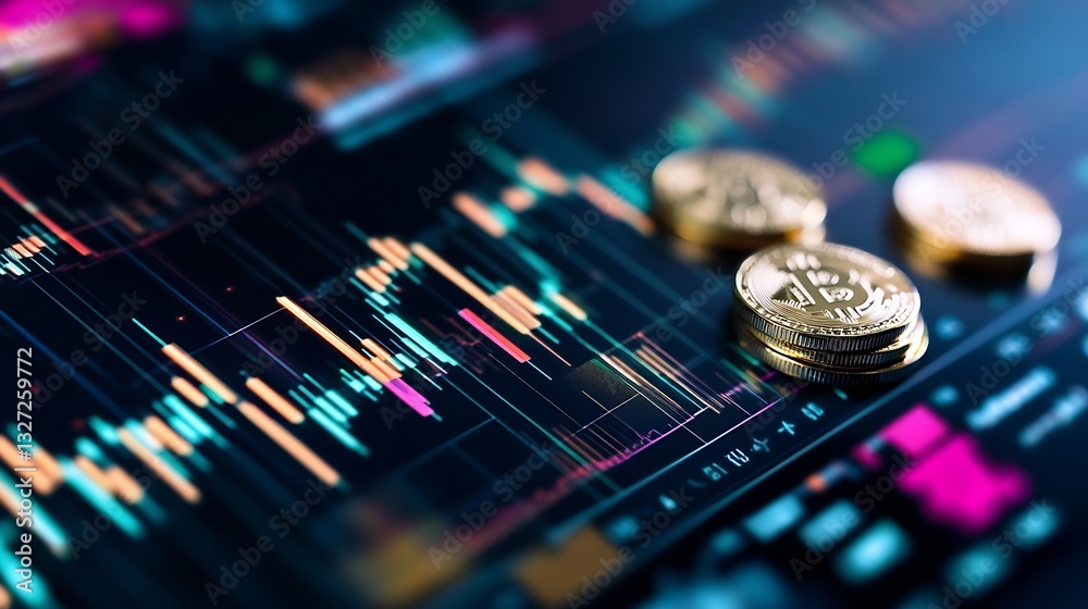 Poster Digital Currency Trading Display with Bitcoin Coins on Modern Graphical Interface : Generative AI