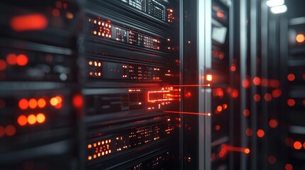 Obraz premium Data Center Network: High-Tech Server Room with Red Illumination and Data Streams