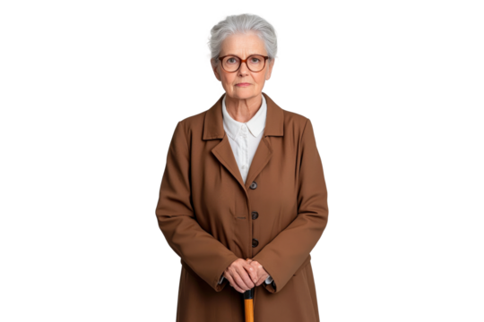 Senior woman in coat holding cane, isolated on transparent background