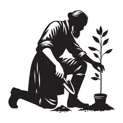 Focused Old Man Gardening silhouette, ensuring every plant flourishes - Old Man illustration - Minimalist Old Man vector - Attentive gardener
