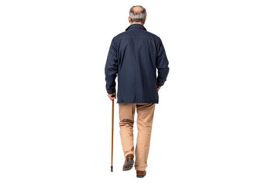 Senior man walking with cane, back view, isolated on transparent background