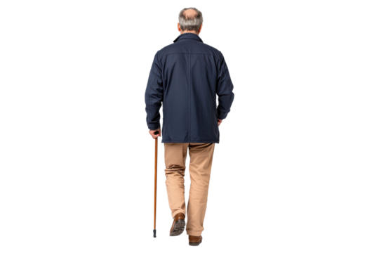 Senior man walking with cane, back view, isolated on transparent background