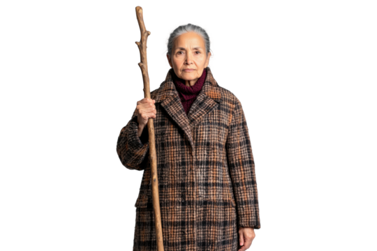 Senior woman in coat holding walking stick, isolated on transparent background