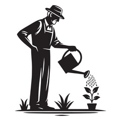 Thoughtful Old Man Gardening silhouette, finding wisdom in nature - Old Man illustration - Minimalist Old Man vector - Contemplative gardener
