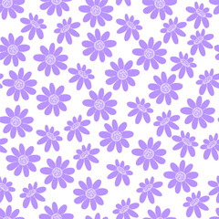 Seamless Spring Pattern of Purple Wildflowers on White Background