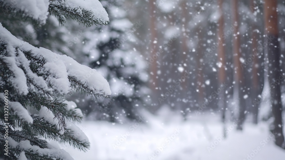 Poster gentle snowfall in a quiet forest with snowcovered trees and a soft winter atmosphere : generative a
