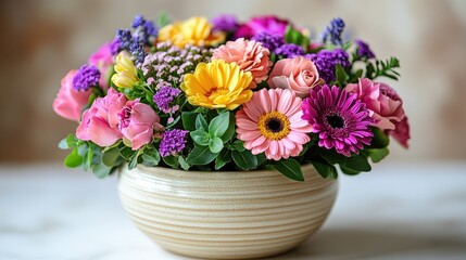 Colorful flower arrangement in a decorative pot