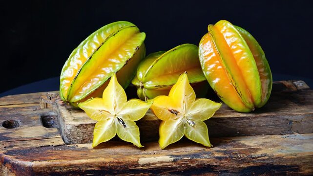 Vibrant Yellow and Green Starfruit Tropical Fruit Showcase on Wooden Board