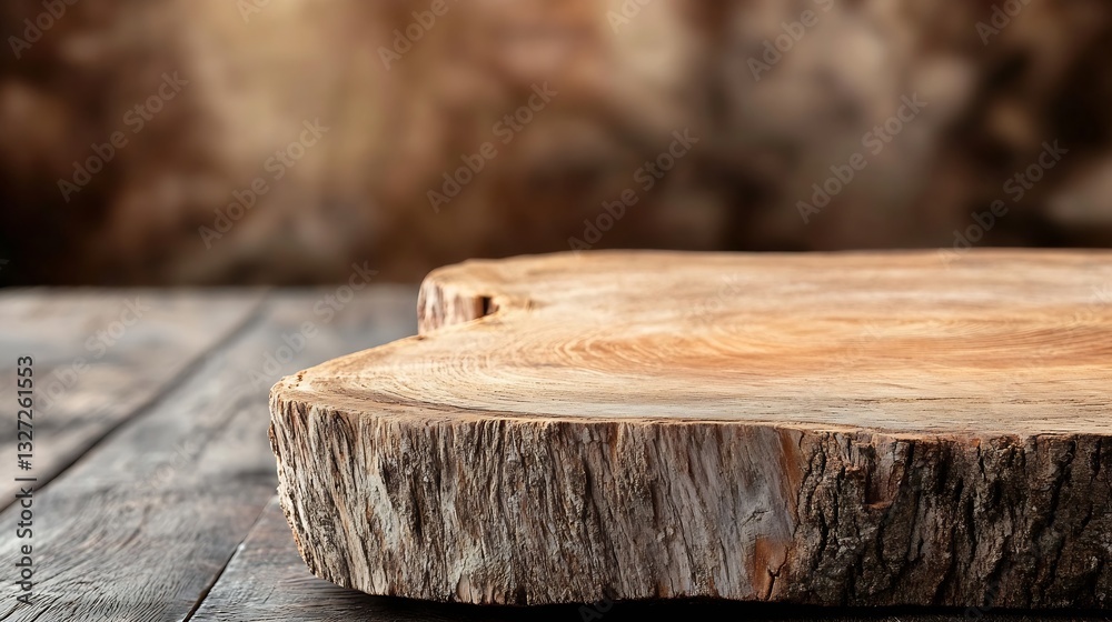 Poster Natural wooden slab table on rustic background showcasing organic textures and colors : Generative AI