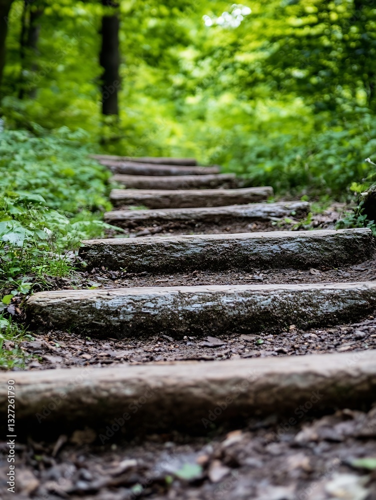 Poster scenic view of natural stone steps winding through lush green foliage in a forest : generative ai