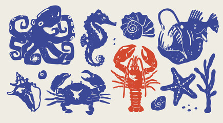 Marine, ocean life. Underwater sea creatures set. Octopus, seahorse, nautilus shell, angler fish, crab, lobster, starfish, coral. Hand drawn modern Vector illustration. Isolated design elements © Dariia