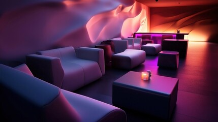 Modern lounge area with bar, vibrant lighting