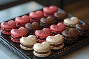 Fototapeta premium Heart-shaped macarons on display with delicate toppings and creamy chocolate filling on a black tray