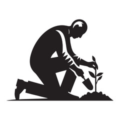Resilient Old Man Gardening silhouette, embracing every season of growth - Old Man illustration - Minimalist Old Man vector - Seasoned farmer
