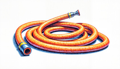 Realistic colored pencil sketch of coiled garden hose, artistic texture