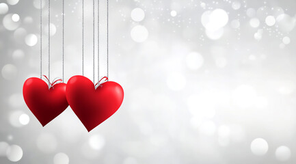 Happy Valentine's Day background with red hearts hanging on a silver bokeh light grey background,