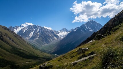 Fototapeta premium Stunning Rugged Mountain Range Under a Bright Blue Sky with Soft White Clouds Above : Generative AI