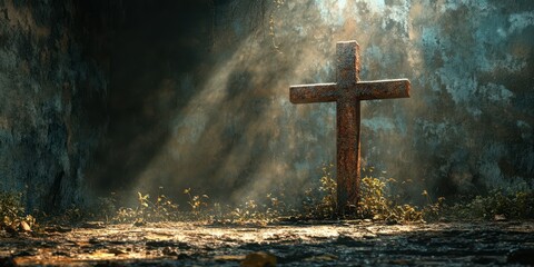 Fototapeta premium Cross surrounded by mist and nature in an abandoned location during golden hour light