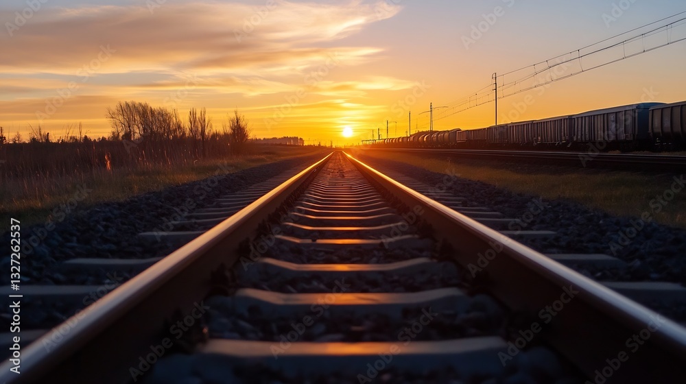 Poster railway tracks stretching into the horizon during sunset creating a breathtaking view of the landsca