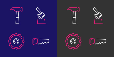 Set line Hand saw, ircular blade, Wooden axe in stump and Hammer icon. Vector