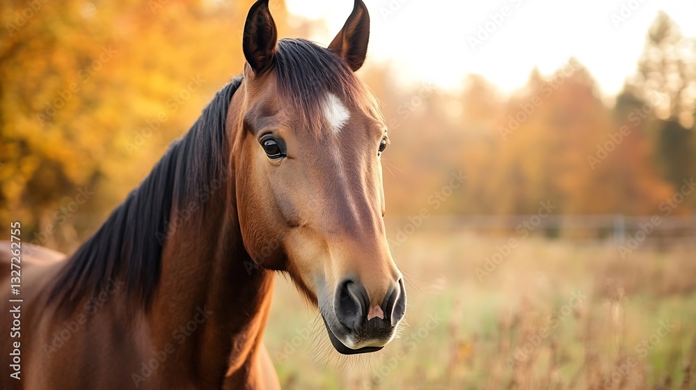 Poster majestic brown horse standing gracefully in a golden autumn field with blurred trees in the backgrou