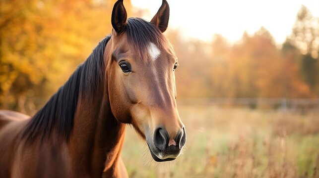 Majestic brown horse standing gracefully in a golden autumn field with blurred trees in the background : Generative AI - Powered by Adobe