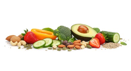 Healthy Foods Avocado, Strawberries, Nuts, Seeds, and Vegetables