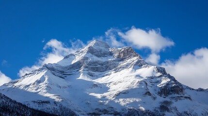 Obraz premium A stunning view of a snowcapped mountain peak under a bright blue sky with fluffy clouds : Generative AI