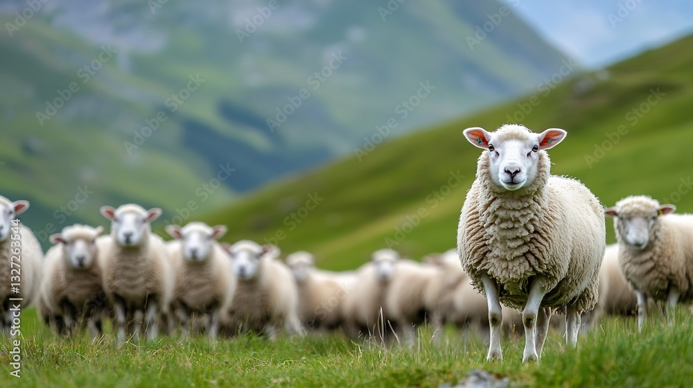 Poster curious sheep standing in a green meadow surrounded by the flock under the hill : generative ai