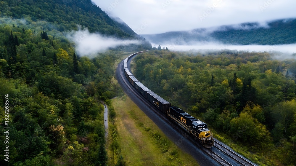 Poster Train traveling through a lush green forest landscape with mist creating a serene atmosphere in nature : Generative AI