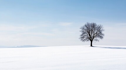 Isolated Tree on Snowy Landscape Under Clear Blue Sky Illustrating Winter's Beauty : Generative AI
