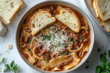 Hearty lasagna soup bowl with fresh parsley and parmesan cheese served with crusty bread slices
