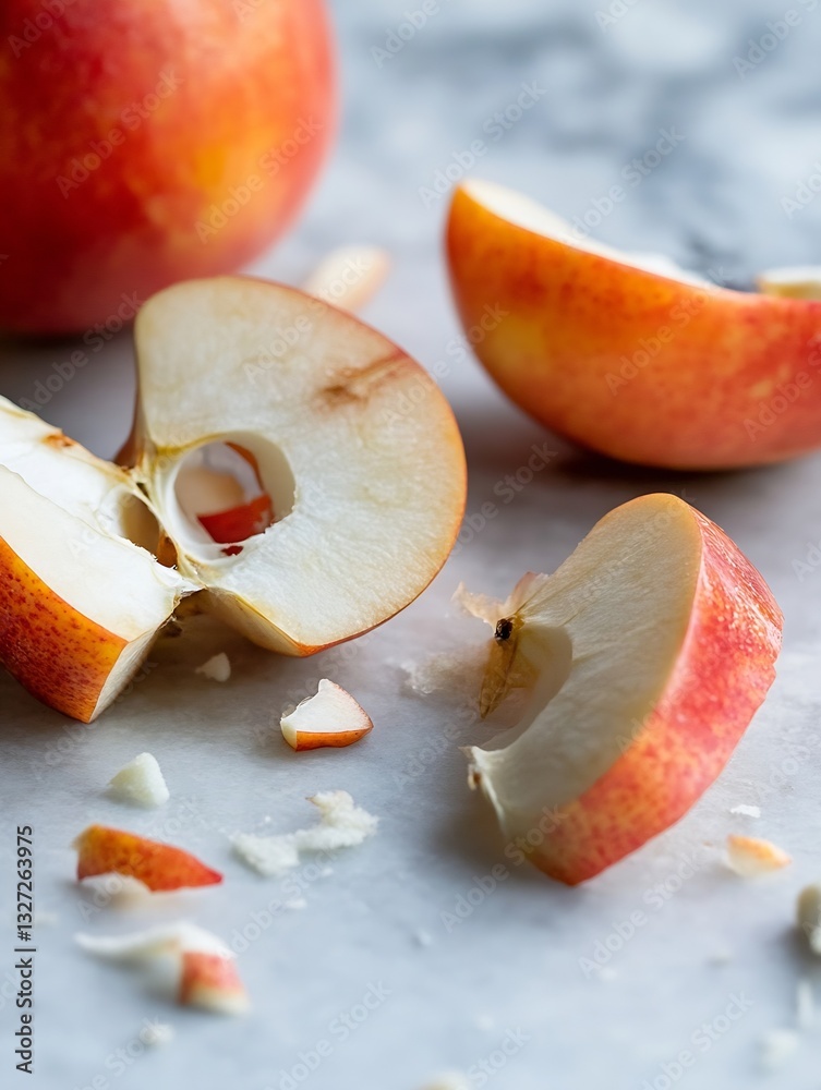 Aufkleber freshly sliced red apple on a marble surface with bite marks and pieces scattered around : generativ