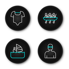 Set line Swimmer, Windsurfing, Canoe rowing team sports and Swimsuit icon. Vector