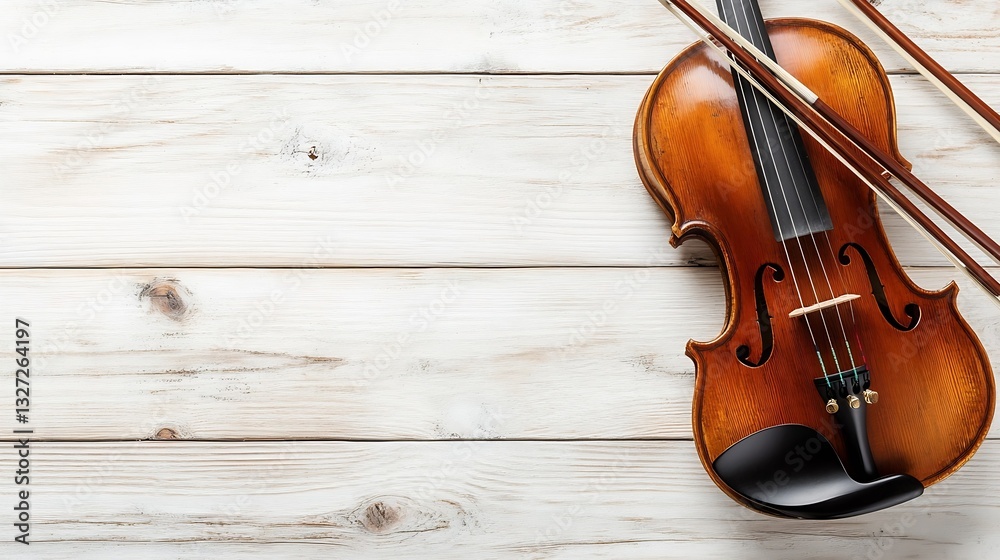 Poster Closeup view of a wooden violin with bow resting on a rustic wooden background : Generative AI