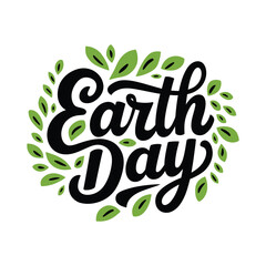 Happy Earth Day hand lettering logo decorated by leaves.