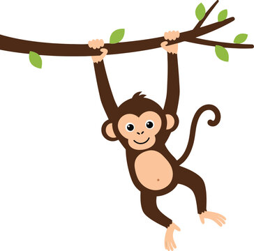 Cute cartoon monkey hanging from a tree branch with playful expression in flat vector art style showcasing joy and curiosity in nature
