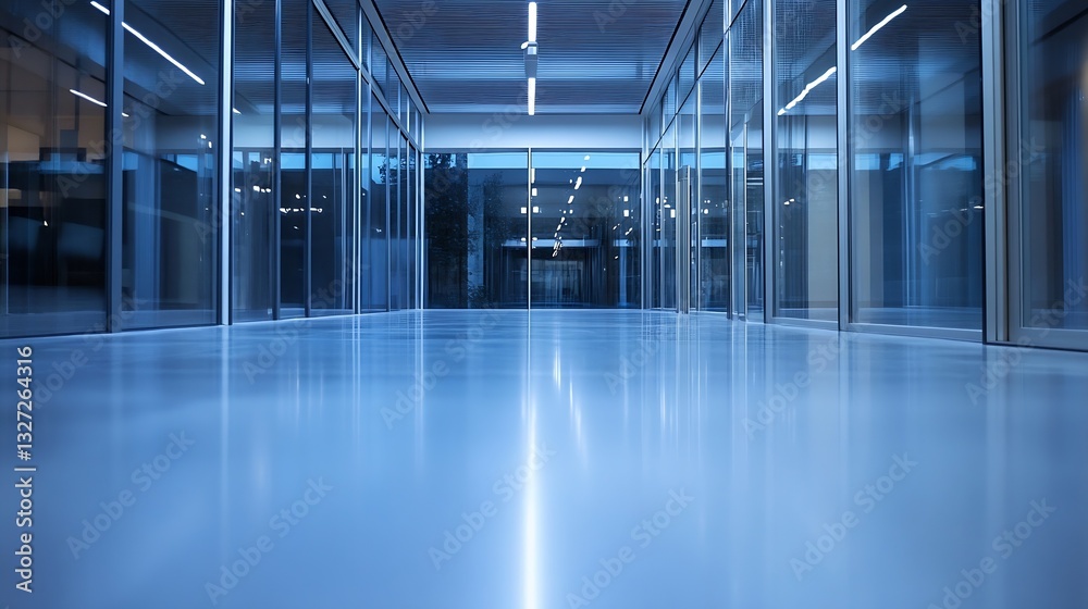 Poster sleek and spacious modern office corridor with reflective floor and glass walls creating a contempor