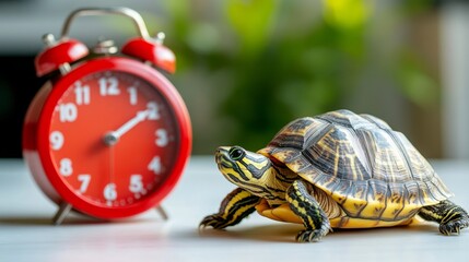 A turtle sitting next to a red clock on a white surface represents the idea of time passing slowly.  