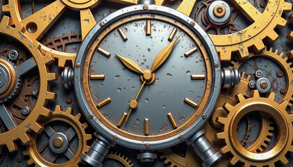 Obraz premium Intricate steampunk clock design with gears, vintage industrial art