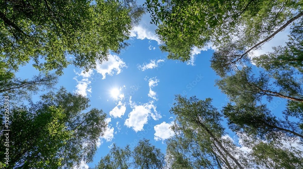 Poster serene view of tall trees and blue sky with bright sunlight filtering through green foliage : genera